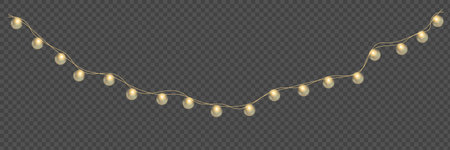 Festive Christmas light. Lightbulb glowing garland string. Xmas, New Year party led lamps, Christmas decoration. Winter holiday season golden chain of fairy light. Vector design element.のイラスト素材