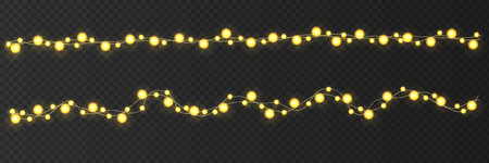 Festive Christmas light. Lightbulb glowing garland string. Xmas, New Year party led lamps, Christmas decoration. Winter holiday season golden chain of fairy light. Vector design element.のイラスト素材