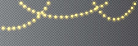 Festive Christmas light. Lightbulb glowing garland string. Xmas, New Year party led lamps, Christmas decoration. Winter holiday season golden chain of fairy light. Vector design element.のイラスト素材