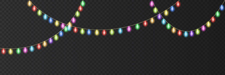 Vector Christmas light. Festive colorful glowing garland string. Xmas, wedding, Birthday or New Year party led lamps, Christmas decoration. Lightbulb bright fairy garland line.のイラスト素材