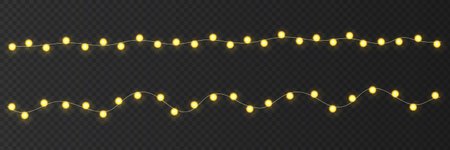Festive Christmas light. Lightbulb glowing garland string. Xmas, New Year party led lamps, Christmas decoration. Winter holiday season golden chain of fairy light. Vector design element.のイラスト素材