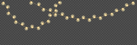 Festive Christmas light. Lightbulb glowing garland string. Xmas, New Year party led lamps, Christmas decoration. Winter holiday season golden chain of fairy light. Vector design element.のイラスト素材