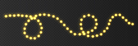 Festive Christmas light. Lightbulb glowing garland string. Xmas, New Year party led lamps, Christmas decoration. Winter holiday season golden chain of fairy light. Vector design element.のイラスト素材