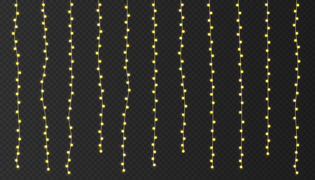 Festive Christmas light. Lightbulb glowing garland string. Xmas, New Year party led lamps, Christmas decoration. Winter holiday season golden chain of fairy light. Vector design element.のイラスト素材
