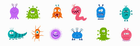 Cute cartoon bacteria, virus, germ or alien emoticon character set. Mucus or slime. Kids toy...
