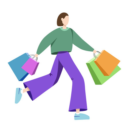 Young trendy fashionable women running with shopping bags in her hands. Discounts, summer sale, black Friday. Beautiful customer character. Concept of shopping addiction, shopaholic behavior. Vector.のイラスト素材