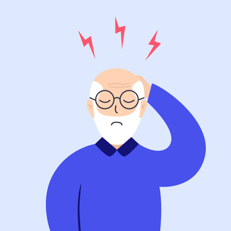 Elderly man have headache, migraine or dizziness. Exhausted person with pain in the head, depression and stress. Emotional and professional burnout. Vector cartoon character.のイラスト素材