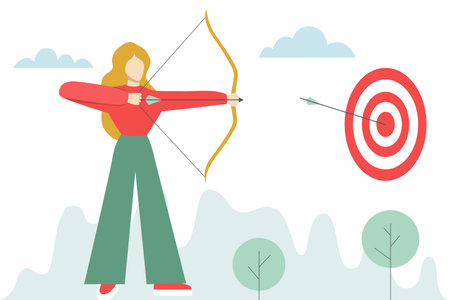 Focused archer aiming at target with bow and arrow. Conceptual vector for focus, ambition, goal achievement in sports or personal growth.のイラスト素材