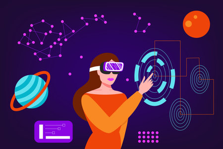 Futuristic illustration of a person using a VR headset to interact with a digital interface featuring space elements, constellations, and data charts. Perfect for tech, science, and innovation themes.のイラスト素材