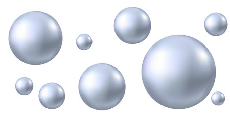 Shiny metal ball. Chrome, silver or aluminum 3d sphere isolated on white background. Realistic glossy round bubble. Gray molecule. Vector light pearl or orb illustration.のイラスト素材