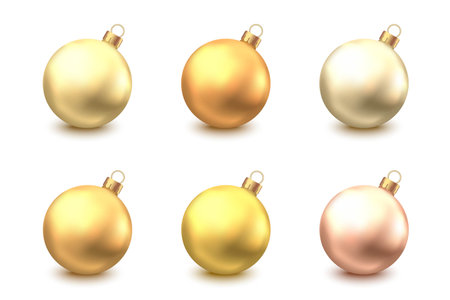 Metallic Christmas tree ball ornaments in gold, bronze, champagne and rose gold finishes on a white background. Perfect for festive holiday decor and design projects.のイラスト素材