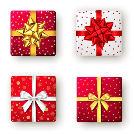 Festive Christmas gift boxes wrapped in red, white, and gold paper with ribbons and bows, perfect for holiday cards, ads, and seasonal designs.のイラスト素材