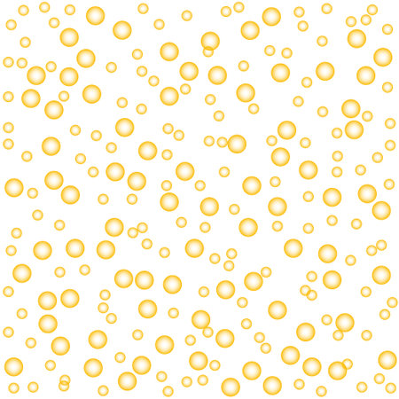 Champagne. Orange sparkling water or beer. Gold fizzing air bubbles isolated on white background. Effervescent drink, realistic soda. Golden fizzy sparkles texture. Vector yellow background.のイラスト素材
