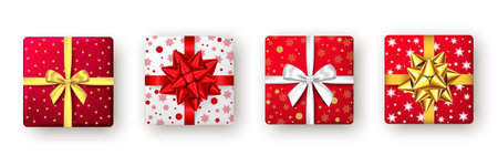Festive Christmas gift boxes wrapped in red, white, and gold paper with ribbons and bows, perfect for holiday cards, ads, and seasonal designs.のイラスト素材
