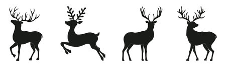 Christmas deer silhouette with unique antlers. Perfect for holiday cards, winter designs, and seasonal decorations. Vector illustration for Christmas projects.のイラスト素材