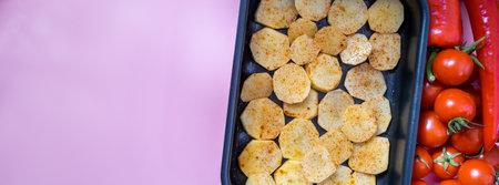 Raw potato slices with spices in a baking dish and vegetables. Bannerの写真素材