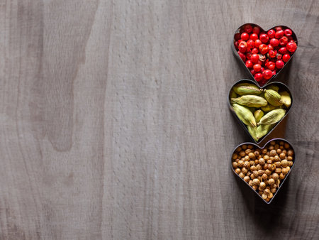 Set of colorful spices on a wooden background. Minimalism. Copy spaceの写真素材