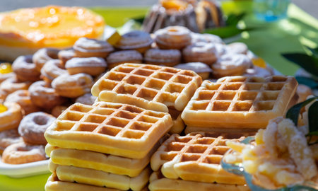 Soft waffles and other sweets at the street market. Selective focusの写真素材