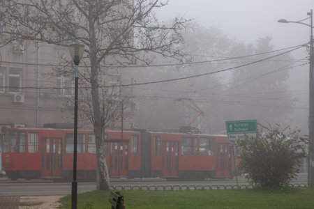 Belgrade red tram on a foggy morning - About November 2022, Belgrade, Serbiaのeditorial素材