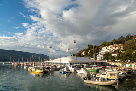 Yachts in the marina at sunset - about December 2022, Herceg Novi, Montenegroのeditorial素材