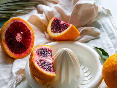 Manual citrus juicer with blood orangesの写真素材