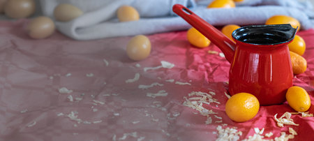 Banner: Red Turk for coffee, still life. Selective focus. Processed.の写真素材