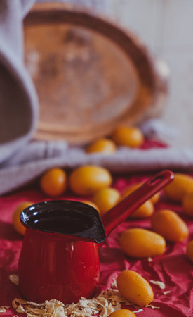 Red Turk for coffee, still life. Selective focus, processed in vintage styleの写真素材