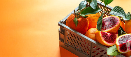 Box with red oranges. Fruit banner. Harvest, abundance, juicy. Copy spaceの写真素材