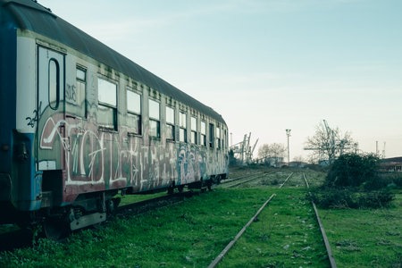 A train with graffiti on the side of it, cinema style editingの写真素材