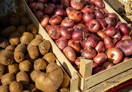 Red onion and kiwi in wooden crates at a street marketの写真素材