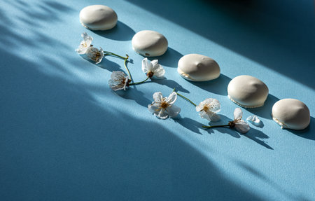 Small meringue cakes with cherry blossoms on the light blue backgroundの写真素材