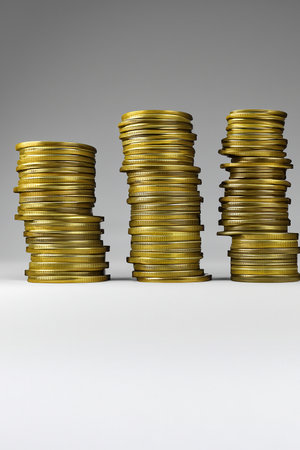 Three stacks of coins on a gray background with space for text at the bottomの素材