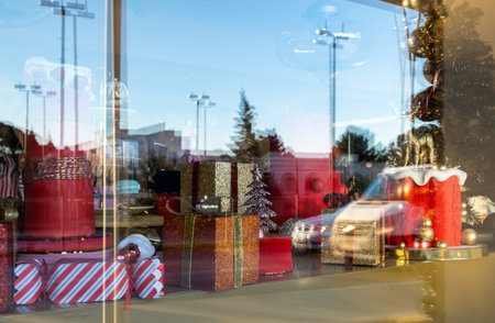 Abstract Christmas background, reflection in a shop window, out of focus