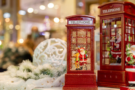 Red telephone booths with Santa Claus, christmas. Selective focusの写真素材
