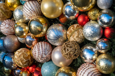 Festive background of many colored Christmas ballsの写真素材