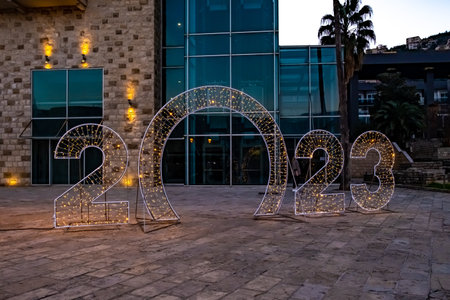 Glowing installation with the inscription 2023の写真素材