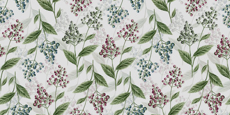 Botanic seamless pattern with vintage graphic bird cherry and leaves. Hand-drawn illustration. Good for production wallpapers, wrapping paper, cloth and fabric printing.の写真素材