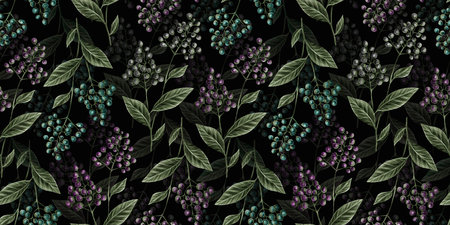 Botanical seamless pattern with vintage graphic bird cherry and leaves. Hand-drawn illustration. Dark background. Good for production wallpapers, cloth and fabric printing.の写真素材