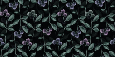 Botanical seamless pattern with vintage graphic blueberries and leaves. Hand-drawn illustration. Dark background. Good for production wallpapers, cloth and fabric printing.の写真素材