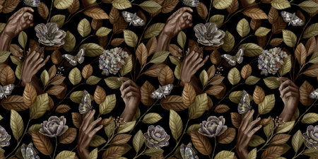 Abstract seamless graphic pattern with black woman hands, butterflies, leaves and vintage flowers. Hand-drawn. Trendy glamorous design. Good for production wallpapers, cloth and fabric printing.の写真素材