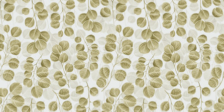 Botanical seamless pattern with vintage graphic silver dollar eucalyptus leaves. Hand-drawn illustration and texture. Light background. Good for production wallpapers, cloth, fabric printing, goods.の写真素材