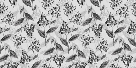Botanical seamless pattern with vintage graphic bird cherry and leaves. Hand-drawn illustration. White and black design. Good for production wallpapers, cloth and fabric printing.の写真素材