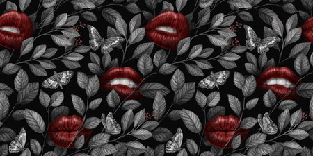 Abstract seamless black and white graphic pattern with red lips, vintage butteflies and leaves. Hand-drawn illustration. Glamorous design. Good for production wallpapers, cloth and fabric printing.の写真素材