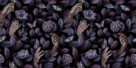 Abstract seamless graphic pattern with woman hands, butterflies, leaves and vintage flowers. Hand-drawn illustration. Trendy glamorous design. Good for production wallpapers, cloth & fabric printing.の写真素材
