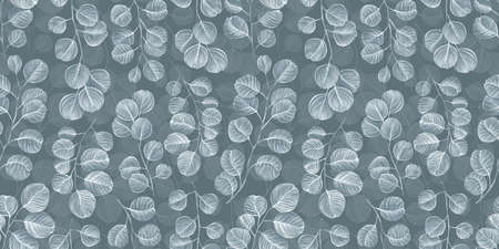 Botanical seamless pattern with vintage graphic silver dollar eucalyptus leaves. Hand-drawn. Light gray background. Good for production wallpapers, wrapping paper, cloth, fabric printing, goods.の写真素材
