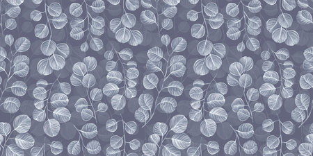 Botanical seamless pattern with vintage graphic silver dollar eucalyptus leaves. Hand-drawn illustration. Light violet background. Good for production wallpapers, cloth and fabric printing.の写真素材