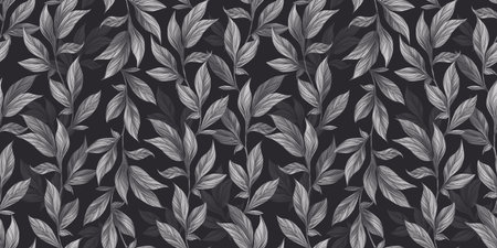 Botanical seamless pattern with vintage graphic peony leaves. Hand-drawn illustration. Black and white design. Good for production wallpapers, cloth, fabric printing, goods.の写真素材
