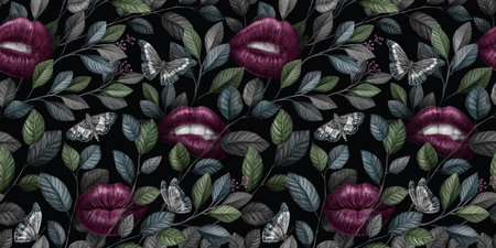 Abstract seamless graphic pattern with lips, butteflies, leaves and vintage flowers. Hand-drawn illustration. Glamorous design. Good for production wallpapers, cloth and fabric printing.の写真素材