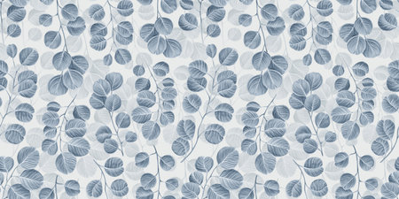 Botanical seamless pattern with vintage graphic silver dollar eucalyptus leaves. Hand-drawn illustration and texture. Light background. Good for production wallpapers, cloth, fabric printing, goods.の写真素材