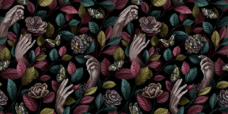 Abstract seamless graphic pattern with woman hands, butterflies, leaves and vintage flowers. Hand-drawn illustration. Trendy glamorous design. Good for production wallpapers, cloth & fabric printing.の写真素材